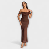 Ione - Bodycon obleka z odprtimi rameni in nabiranjem