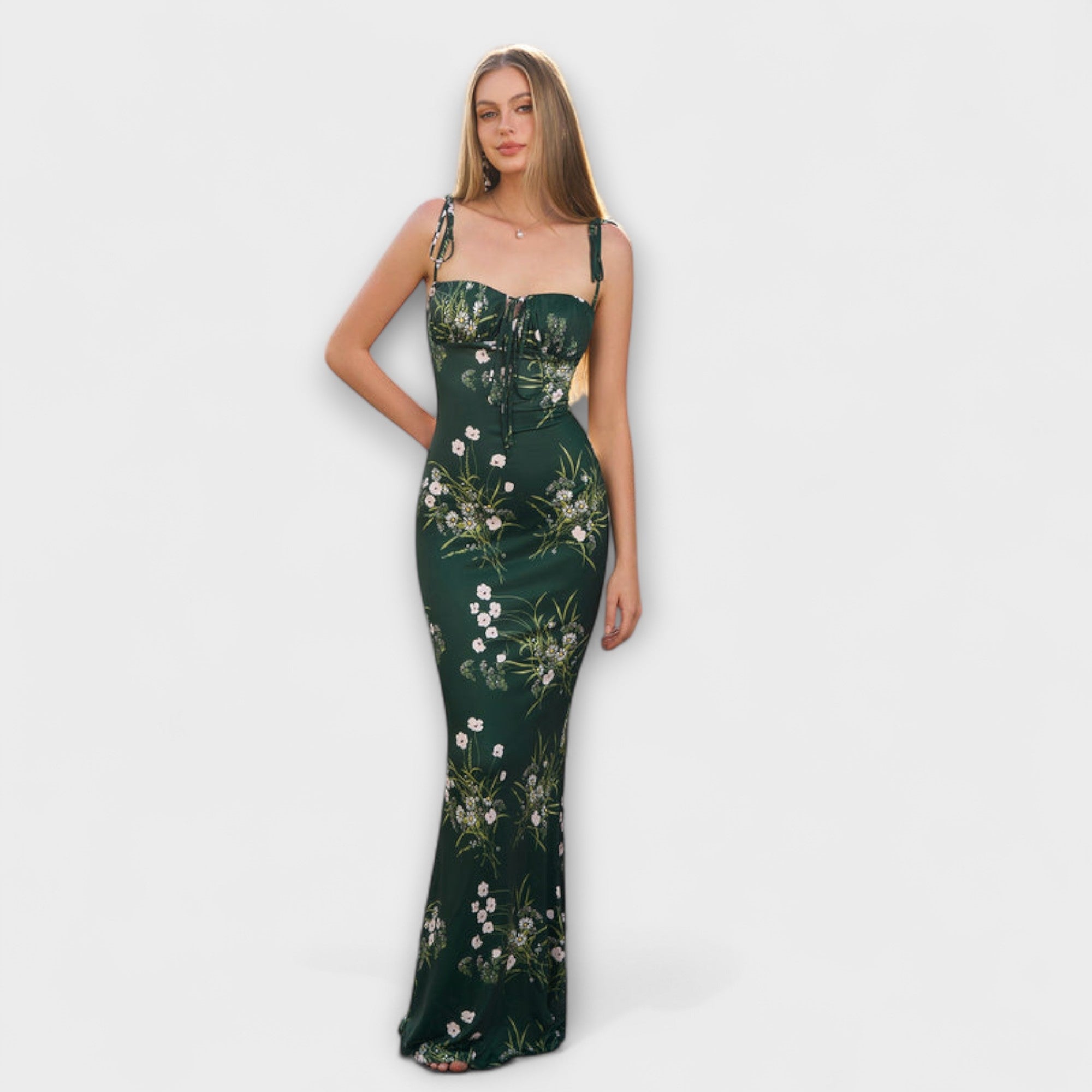Thalia - Obleka za ples z cvetličnim potiskom in zavezanimi naramnicami