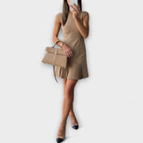 Elowen - Mini obleka z vojaško navdihnjenim patchworkom in visokim vratnikom